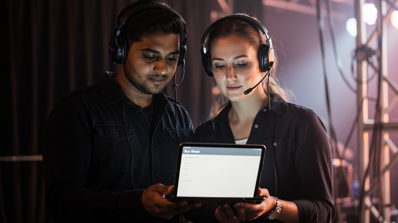 Production crew reviewing a show run sheet backstage with tablets