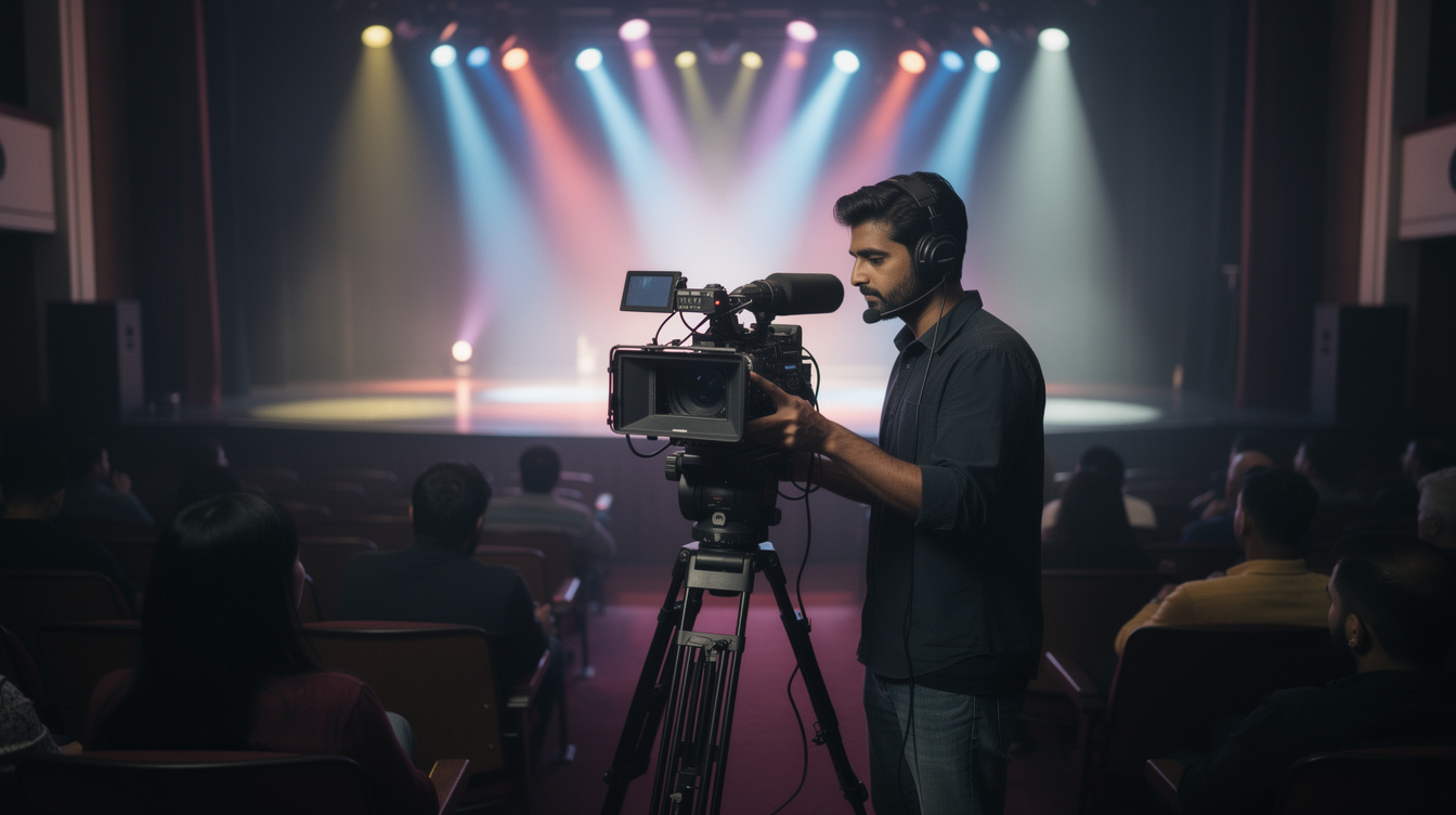 Camera operator filming a live stage performance from the auditorium