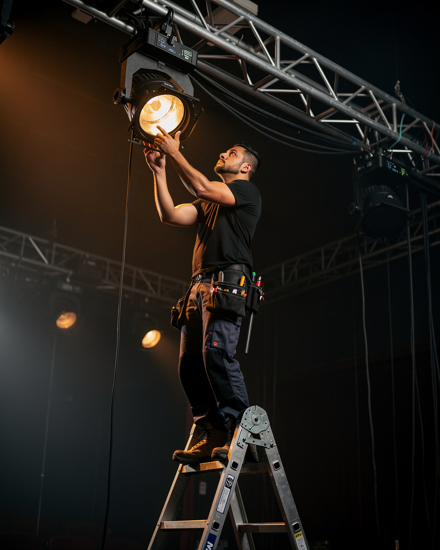 Technician adjusting a spotlight rig above the stage