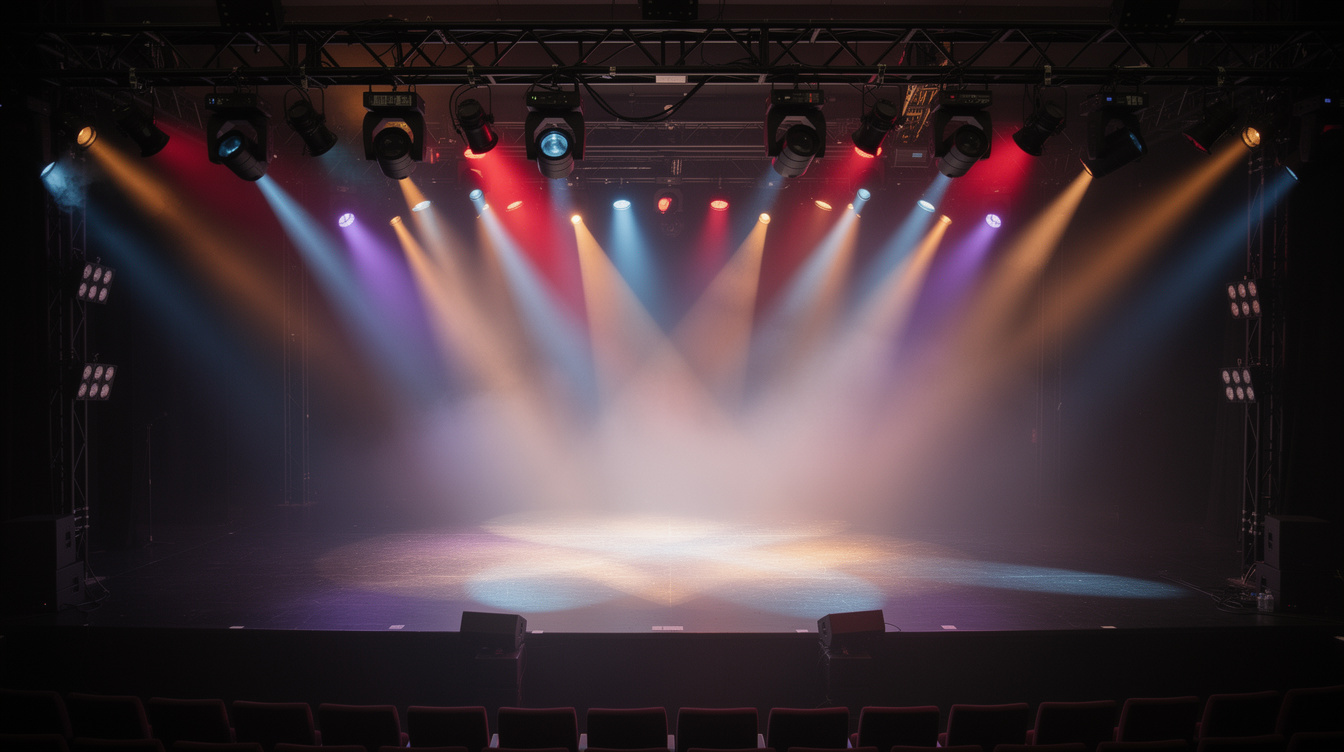 Stage lighting rig with colourful spotlights above a theatre stage
