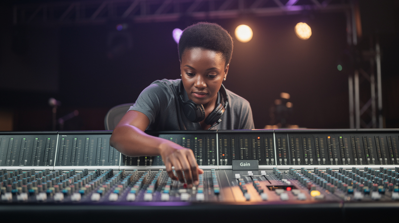 Sound engineer operating a mixing desk during a live performance