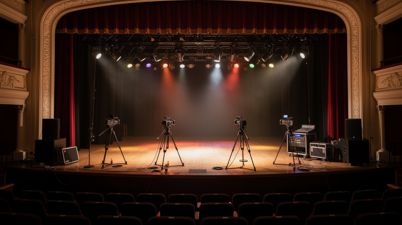 Wide view of an empty theatre stage set up for a live show