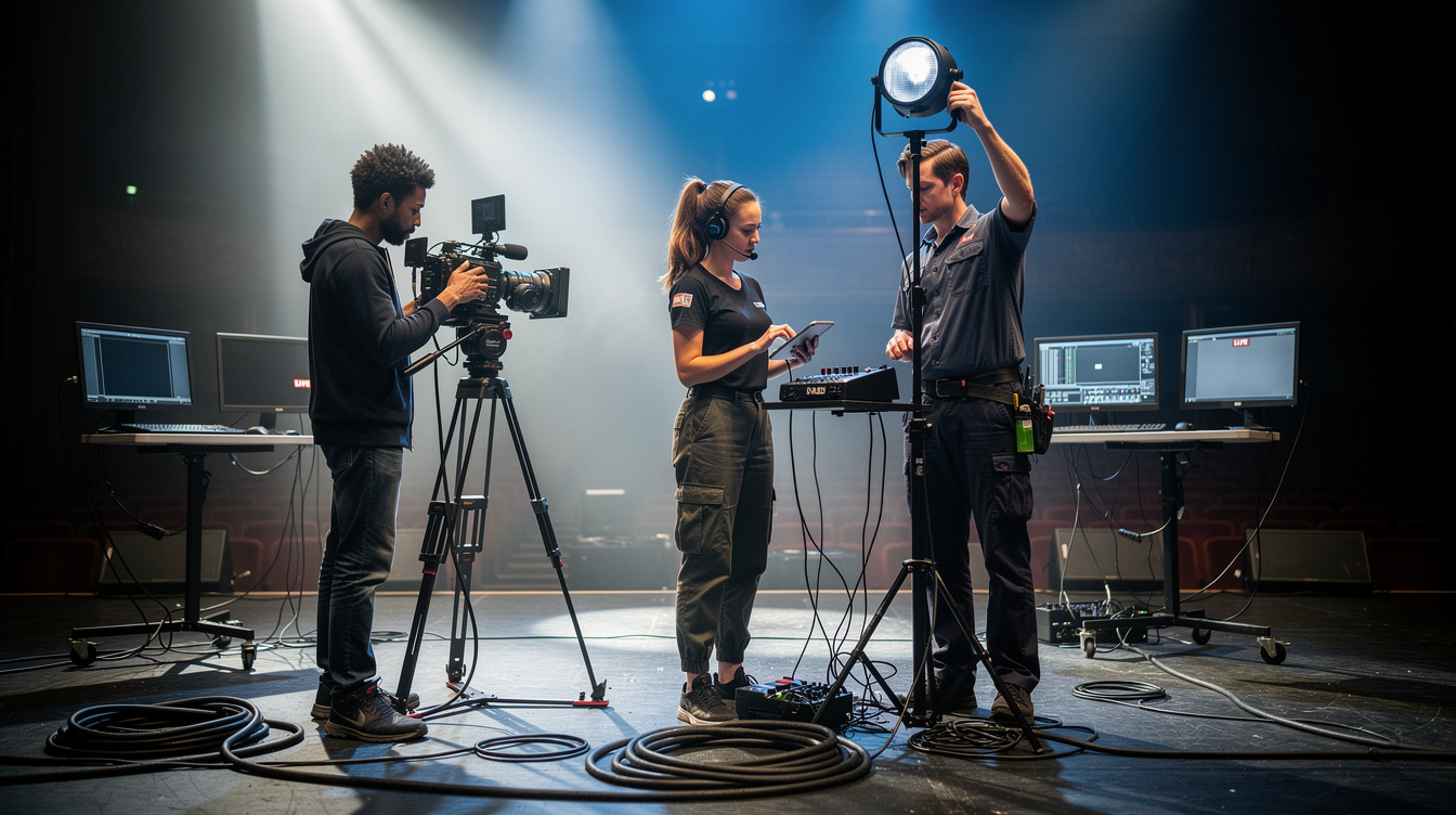 Technical crew testing camera and lighting equipment before a show